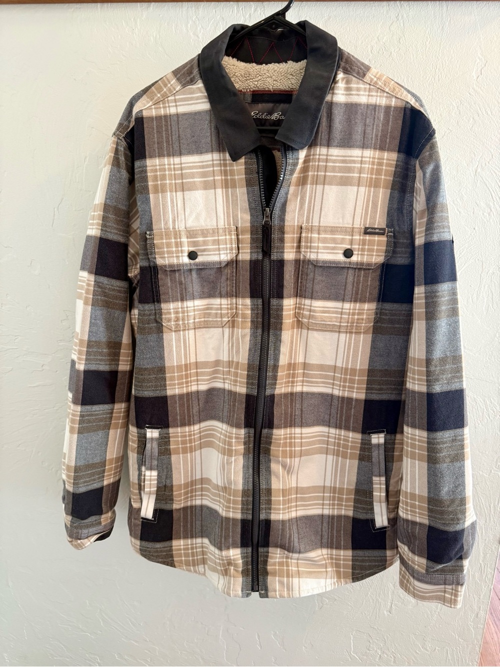 Eddie Bauer Plaid Sherpa-Lined Zip Jacket in Beige, Black & Gray